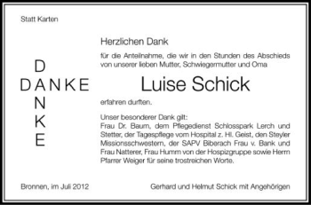 Anzeige von Luise Schick von Schwäbische Zeitung