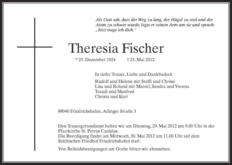  Traueranzeige für Theresia Fischer vom 26.05.2012 aus Schwäbische Zeitung