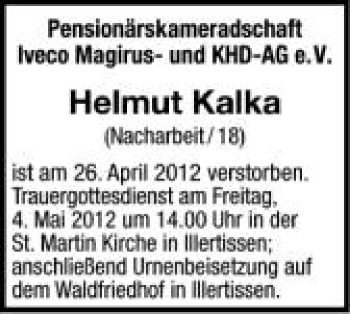 Anzeige von Helmut Kalka von Schwäbische Zeitung