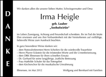 Anzeige von Irma Heigle von Schwäbische Zeitung