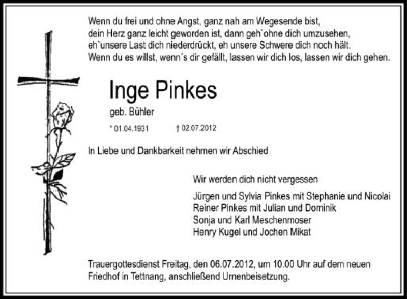  Traueranzeige für Inge  Pinkes vom 04.07.2012 aus Schwäbische Zeitung