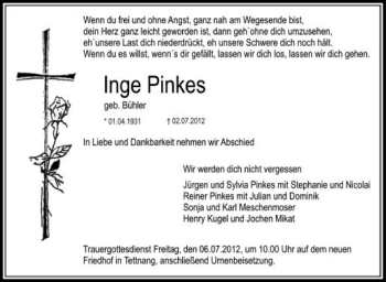 Anzeige von Inge  Pinkes von Schwäbische Zeitung