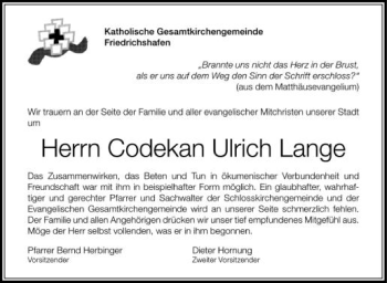 Anzeige von Codekan Ulrich Lange von Schwäbische Zeitung