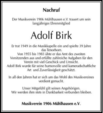 Anzeige von Adolf Birk von Schwäbische Zeitung