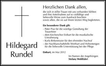 Anzeige von Hildegard Rundel von Schwäbische Zeitung