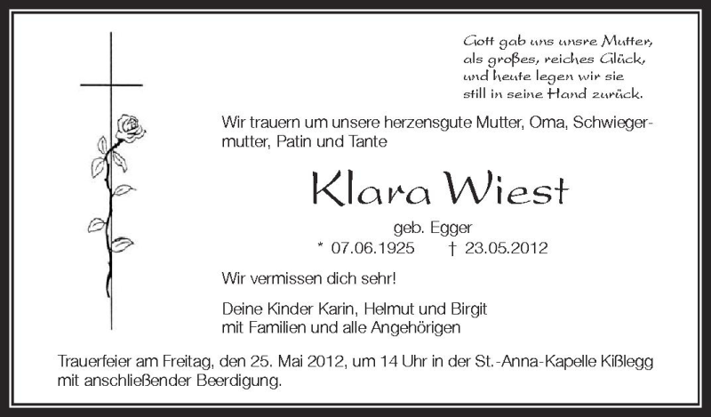  Traueranzeige für Klara Wiest vom 24.05.2012 aus Schwäbische Zeitung