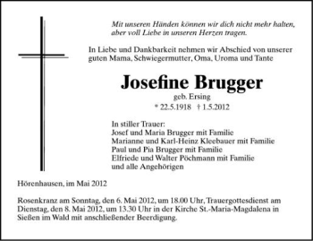 Anzeige von Josefine Brugger von Schwäbische Zeitung