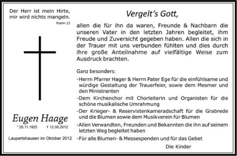  Traueranzeige für Eugen Haage vom 04.10.2012 aus Schwäbische Zeitung