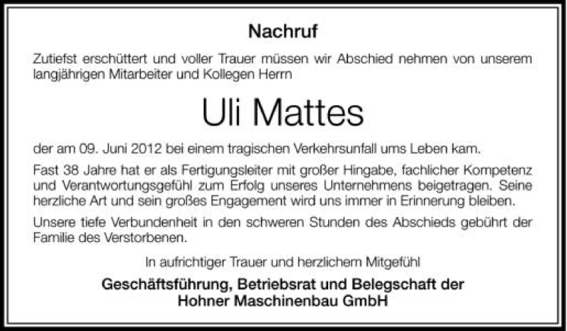  Traueranzeige für Uli Mattes vom 14.06.2012 aus Schwäbische Zeitung