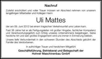 Anzeige von Uli Mattes von Schwäbische Zeitung