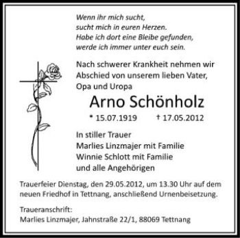 Anzeige von Arno Schönholz von Schwäbische Zeitung