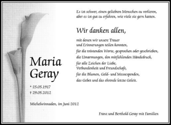 Anzeige von Maria Geray von Schwäbische Zeitung