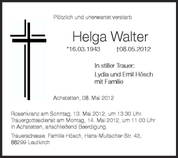 Anzeige von Helga Walter von Schwäbische Zeitung