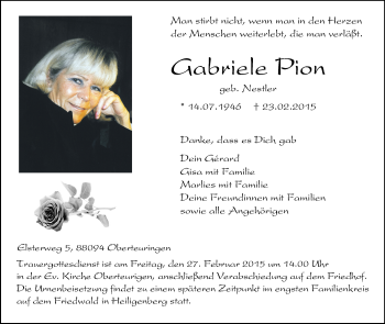 Anzeige von Gabriele Pion von Schwäbische Zeitung