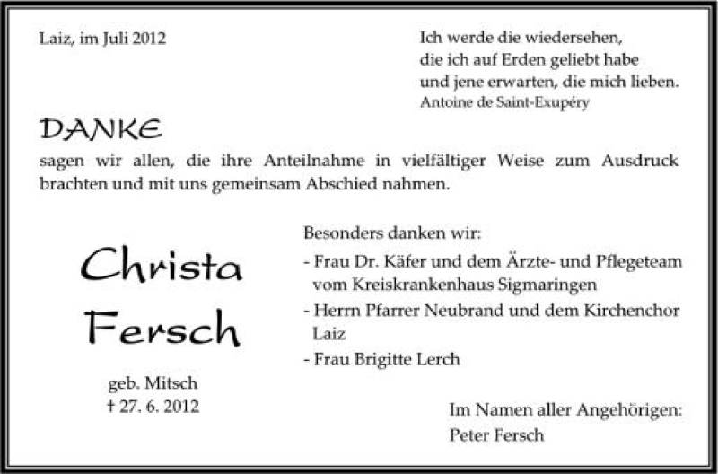  Traueranzeige für Christa Fersch vom 07.07.2012 aus Schwäbische Zeitung