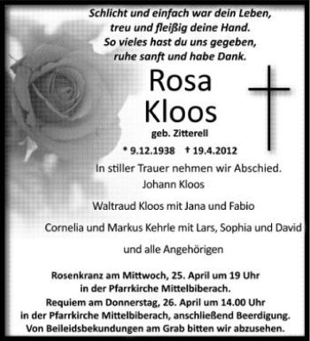 Anzeige von Rosa Kloos von Schwäbische Zeitung