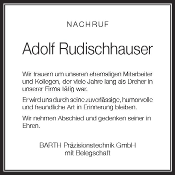 Anzeige von Adolf Rudischhauser von Schwäbische Zeitung