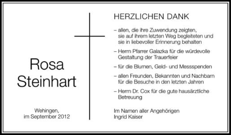  Traueranzeige für Rosa Steinhart vom 27.09.2012 aus Schwäbische Zeitung