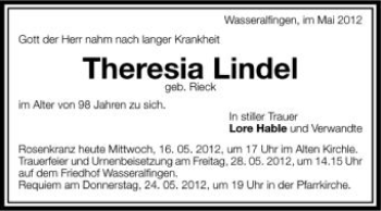 Anzeige von Theresia Lindel von Schwäbische Zeitung