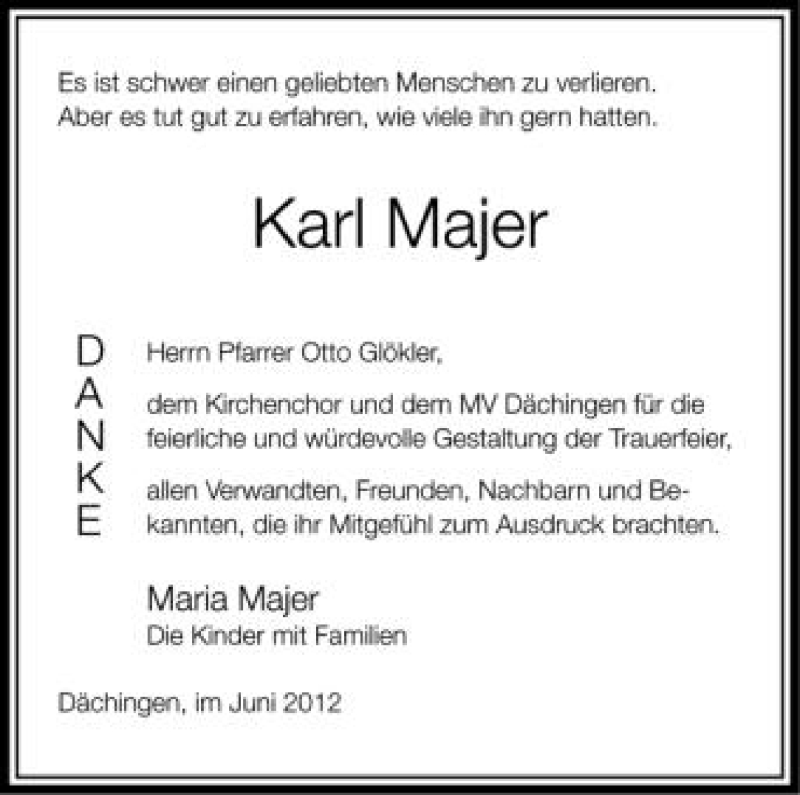  Traueranzeige für Karl Majer vom 13.06.2012 aus Schwäbische Zeitung