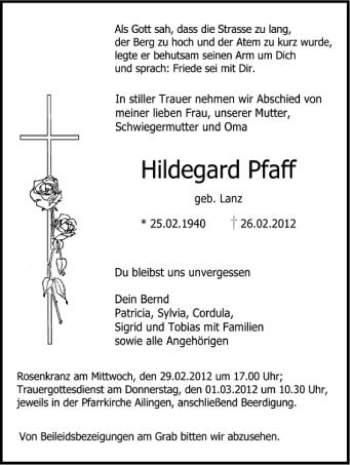 Anzeige von Hildegard Pfaff von Schwäbische Zeitung