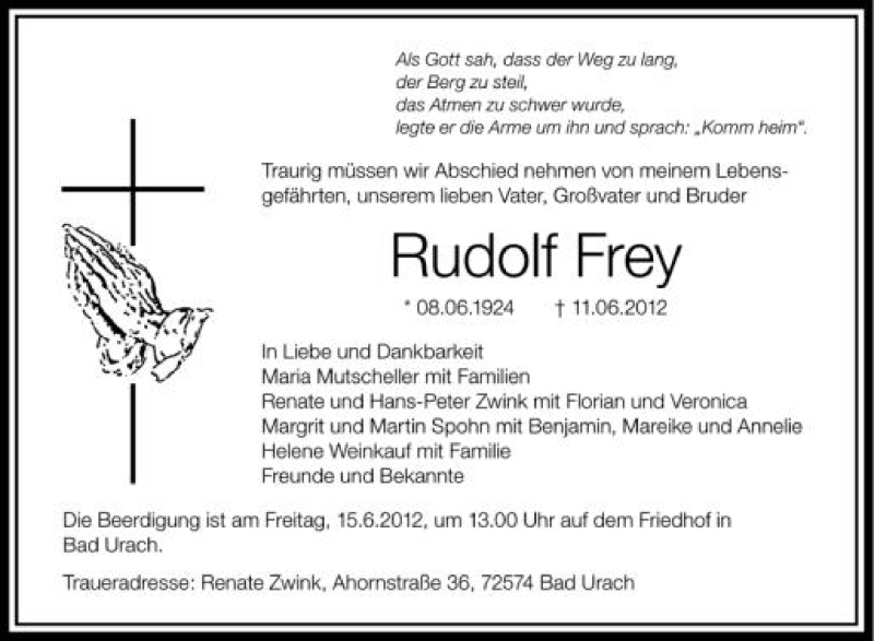  Traueranzeige für Rudolf Frey vom 13.06.2012 aus Schwäbische Zeitung