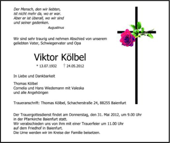 Anzeige von Viktor Kölbel von Schwäbische Zeitung