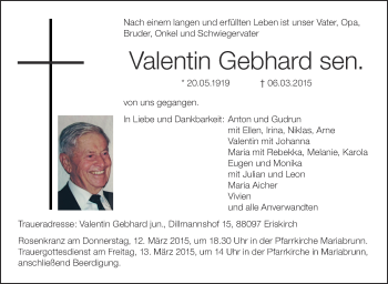 Anzeige von Valentin Gebhard von Schwäbische Zeitung