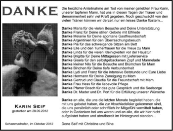 Anzeige von Karin Seif von Schwäbische Zeitung