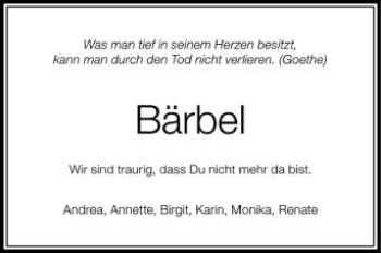 Anzeige von Bärbel  von Schwäbische Zeitung