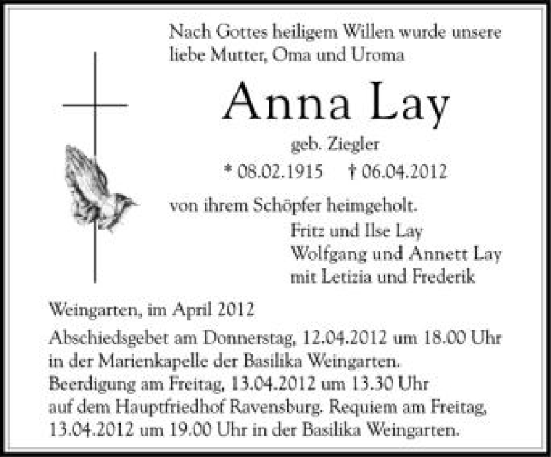  Traueranzeige für Anna Lay vom 10.04.2012 aus Schwäbische Zeitung
