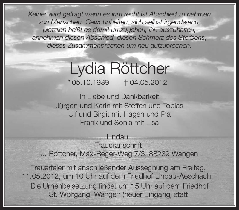  Traueranzeige für Lydia Röttcher vom 08.05.2012 aus Schwäbische Zeitung