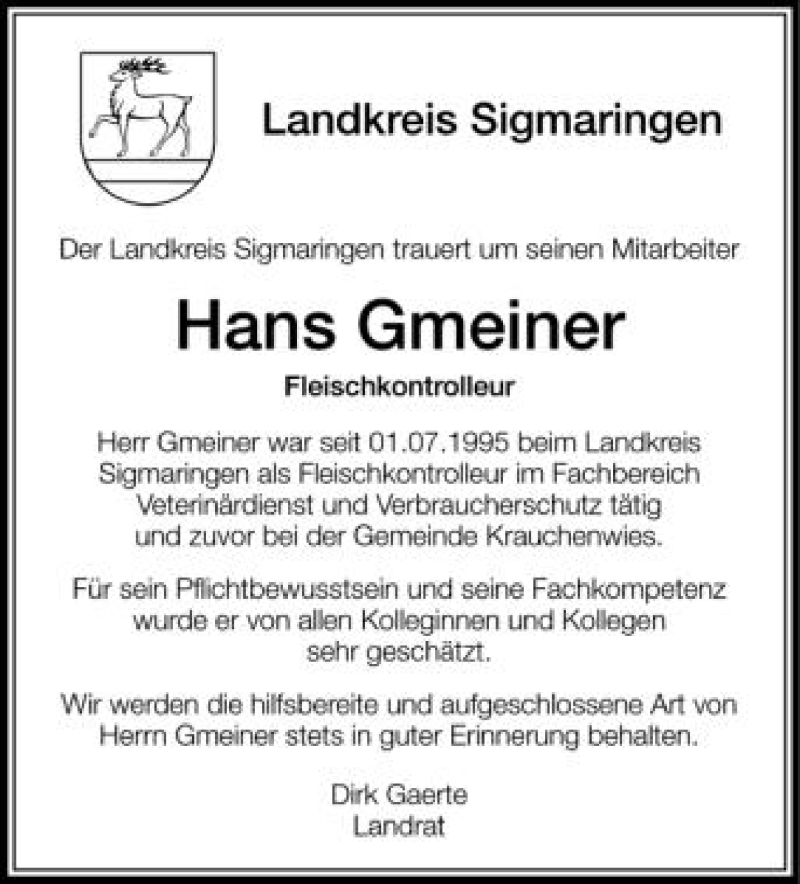  Traueranzeige für Hans Gmeiner vom 24.05.2012 aus Schwäbische Zeitung
