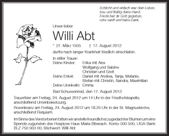 Anzeige von Willi Abt von Schwäbische Zeitung