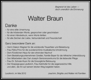 Anzeige von Walter Braun von Schwäbische Zeitung