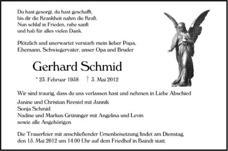  Traueranzeige für Gerhard Schmid vom 12.05.2012 aus Schwäbische Zeitung