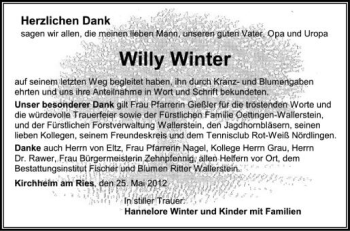 Anzeige von Willy Winter von Schwäbische Zeitung