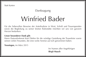 Anzeige von Winfried Bader von Schwäbische Zeitung
