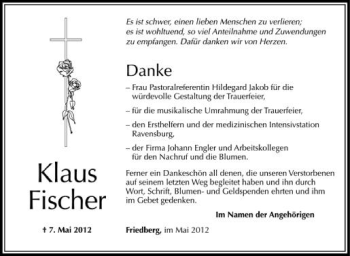 Anzeige von Klaus Fischer von Schwäbische Zeitung