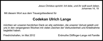 Anzeige von Ulrich Lange von Schwäbische Zeitung
