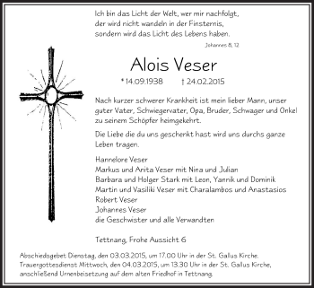 Anzeige von Alois Veser von Schwäbische Zeitung