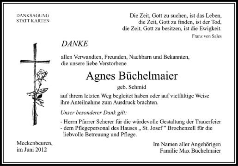  Traueranzeige für Agnes Büchelmaier vom 21.06.2012 aus Schwäbische Zeitung