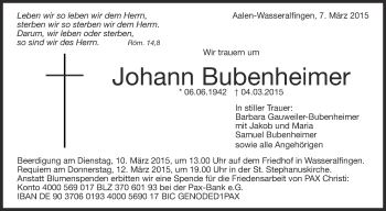Anzeige von Johann Bubenheimer von Schwäbische Zeitung