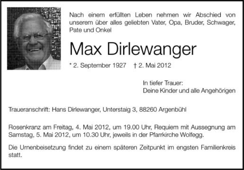  Traueranzeige für Max Dirlewanger vom 04.05.2012 aus Schwäbische Zeitung