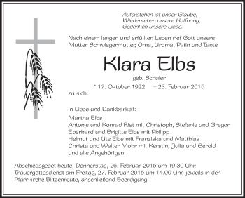 Anzeige von Klara Elbs von Schwäbische Zeitung