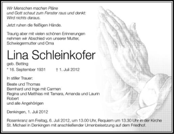 Anzeige von Lina Schleinkofer von Schwäbische Zeitung