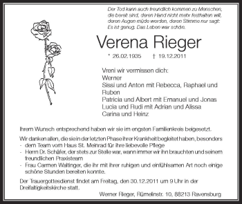 Anzeige von Verena Rieger von Schwäbische Zeitung