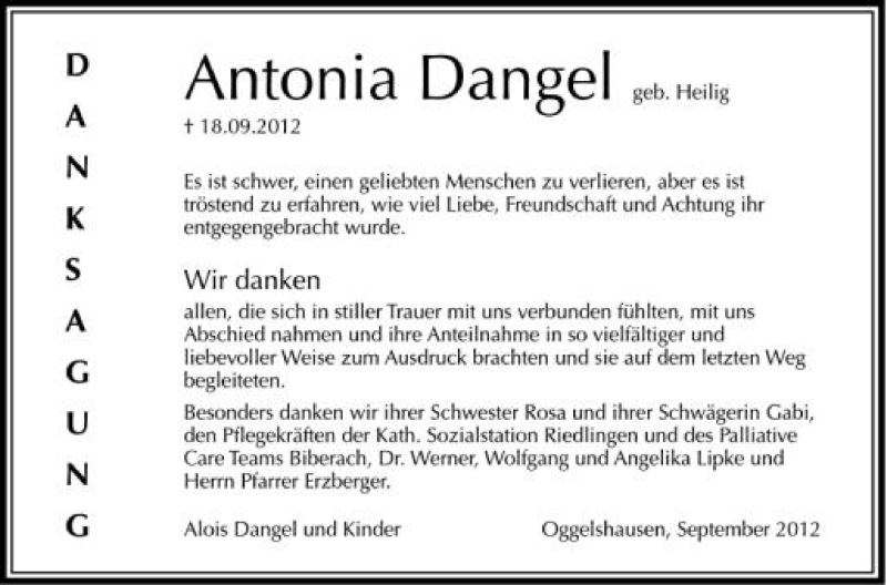  Traueranzeige für Antonia Dangel vom 27.09.2012 aus Schwäbische Zeitung