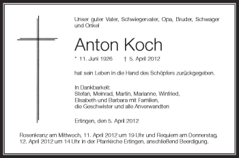 Anzeige von Anton Koch von Schwäbische Zeitung