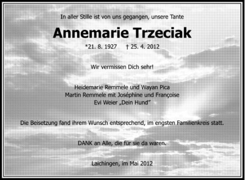  Traueranzeige für Annemarie Trzeciak vom 05.05.2012 aus Schwäbische Zeitung